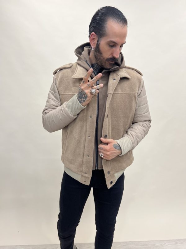 BOMBER PANNO CON CAPPUCCIO FELPA + MANICHE TRAPUNTA - COLORE BEIGE